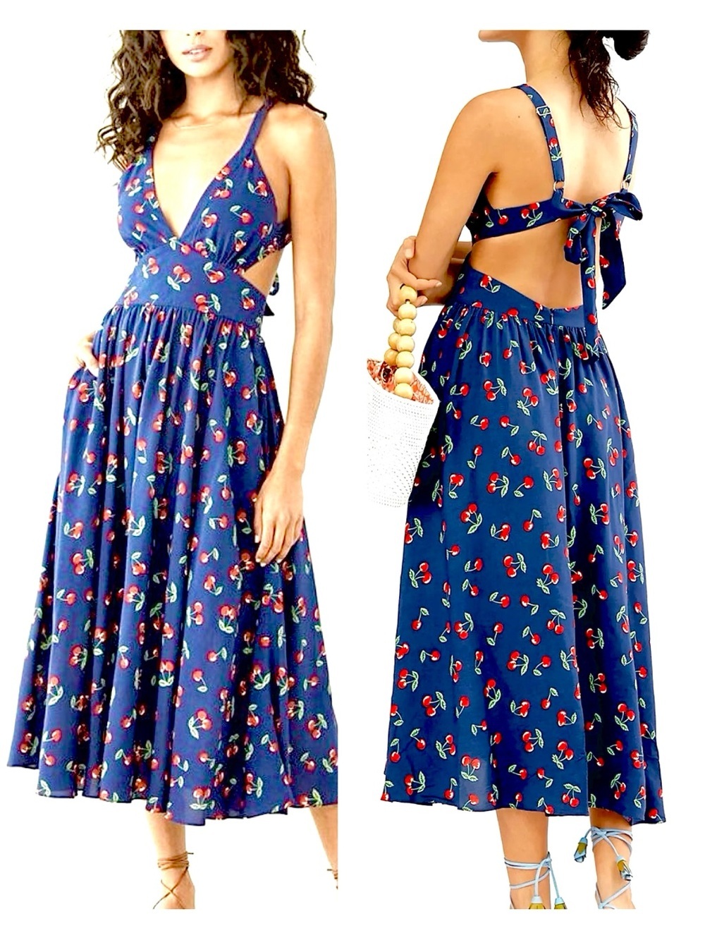 🌿Anthropologie Yumi Kim Uma Cherry Print Cutout Maxi Dress Navy Size 0 NWT
